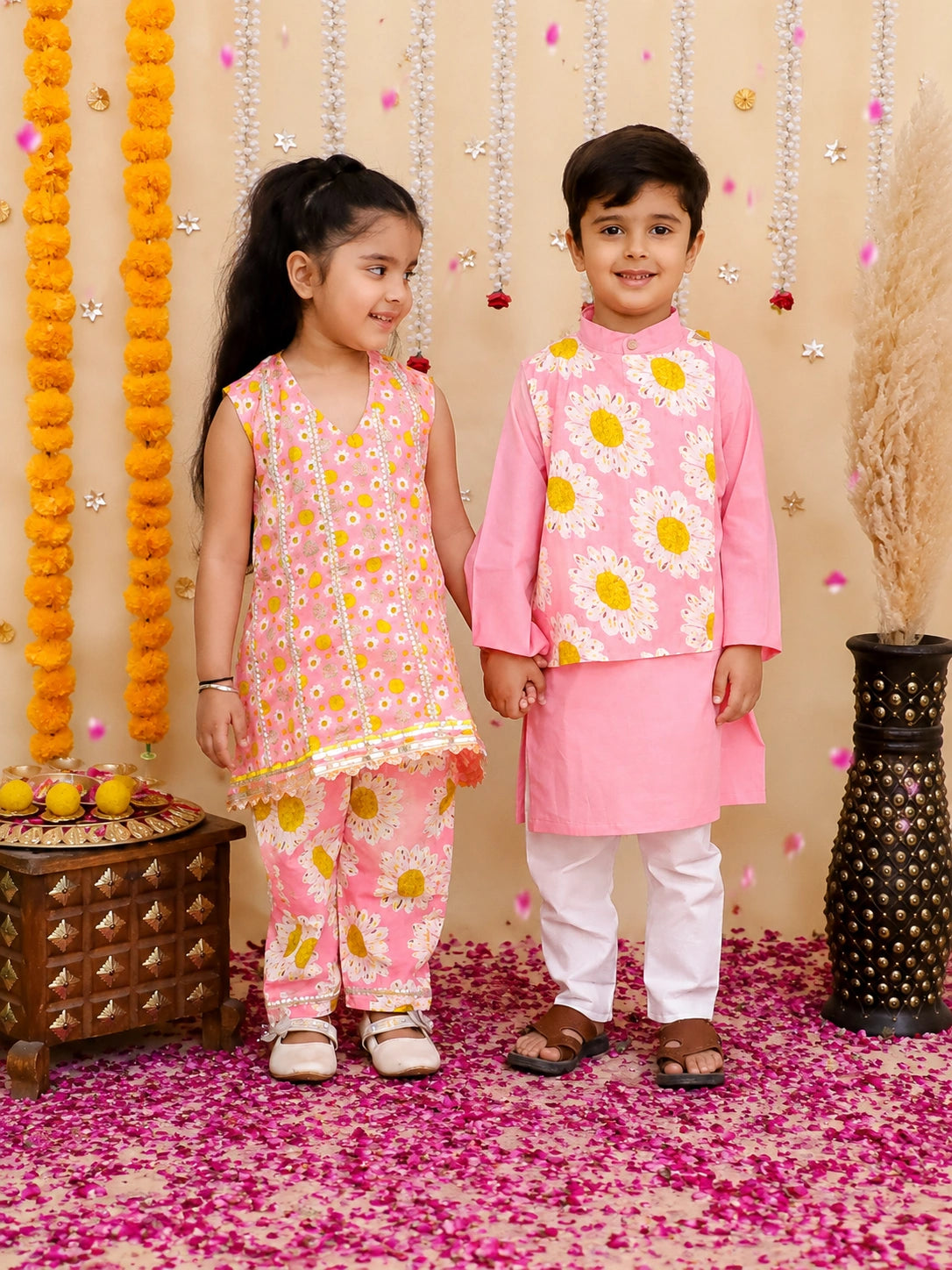 BownBee Pure Cotton Kurta Pajama With Printed Attached Jacket & Printed Kurti With Pants Sibling Set