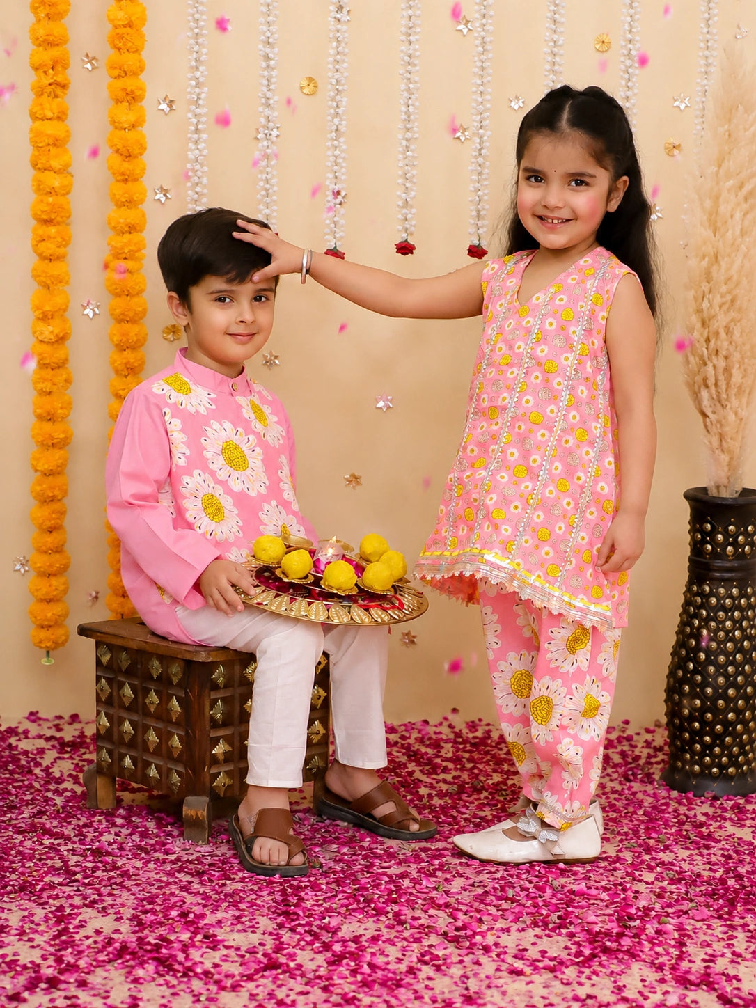 BownBee Pure Cotton Kurta Pajama With Printed Attached Jacket & Printed Kurti With Pants Sibling Set