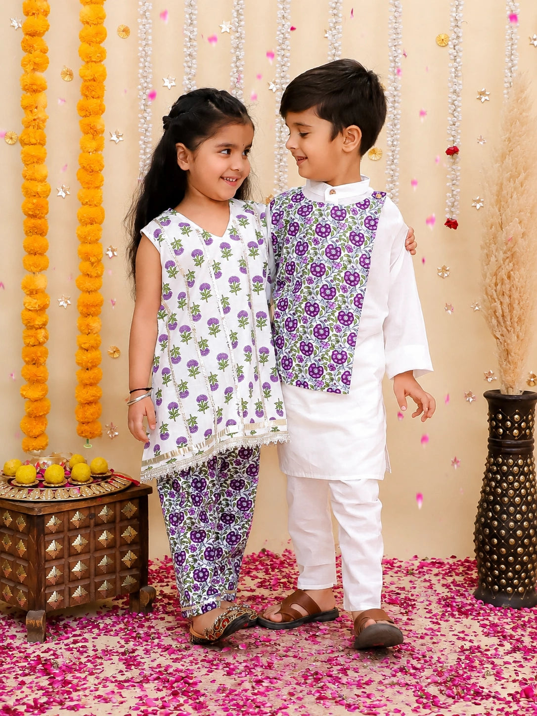 BownBee Pure Cotton Kurta Pajama With Printed Attached Jacket & Printed Kurti With Pants Sibling Set