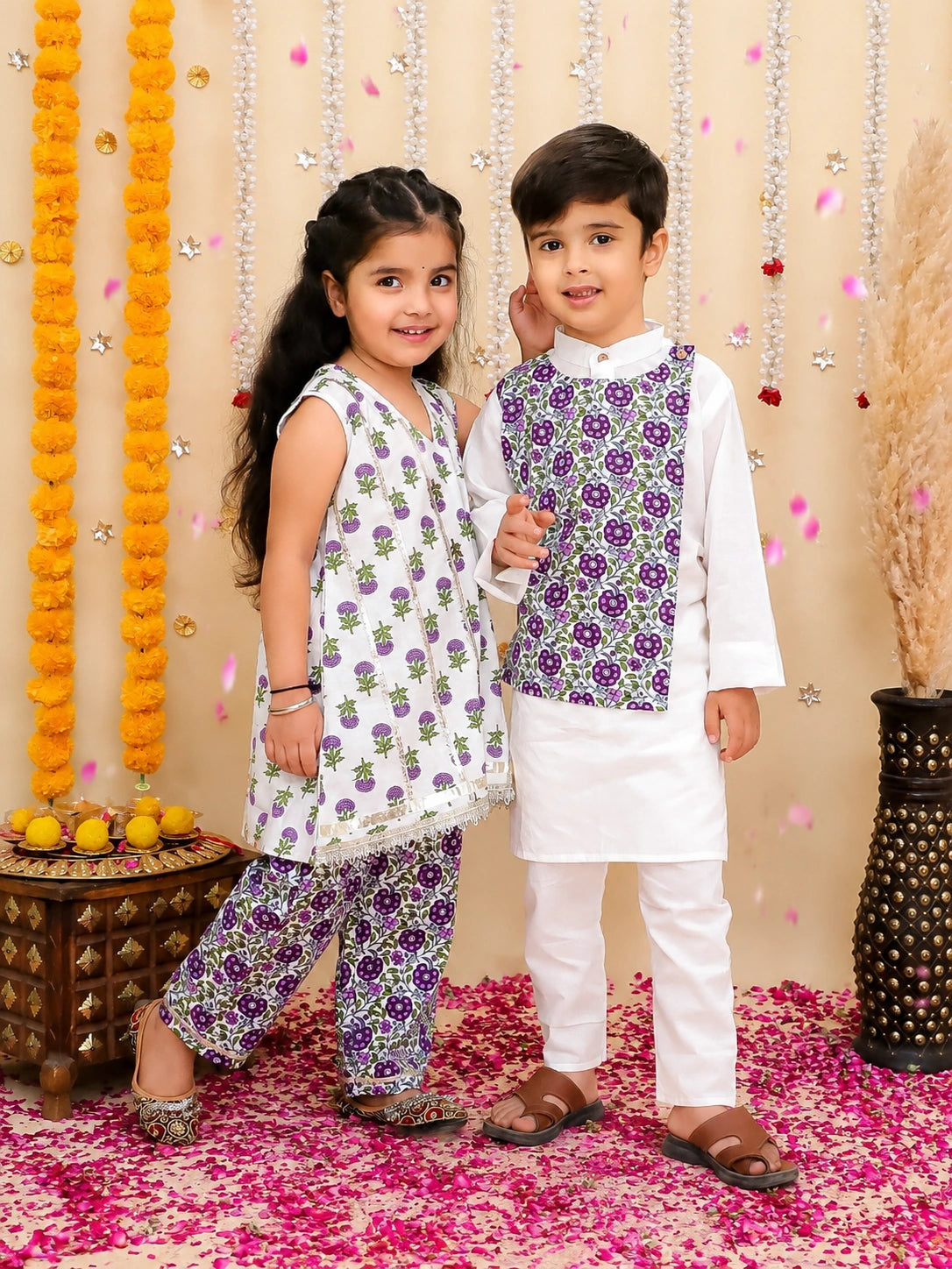 BownBee Pure Cotton Kurta Pajama With Printed Attached Jacket & Printed Kurti With Pants Sibling Set