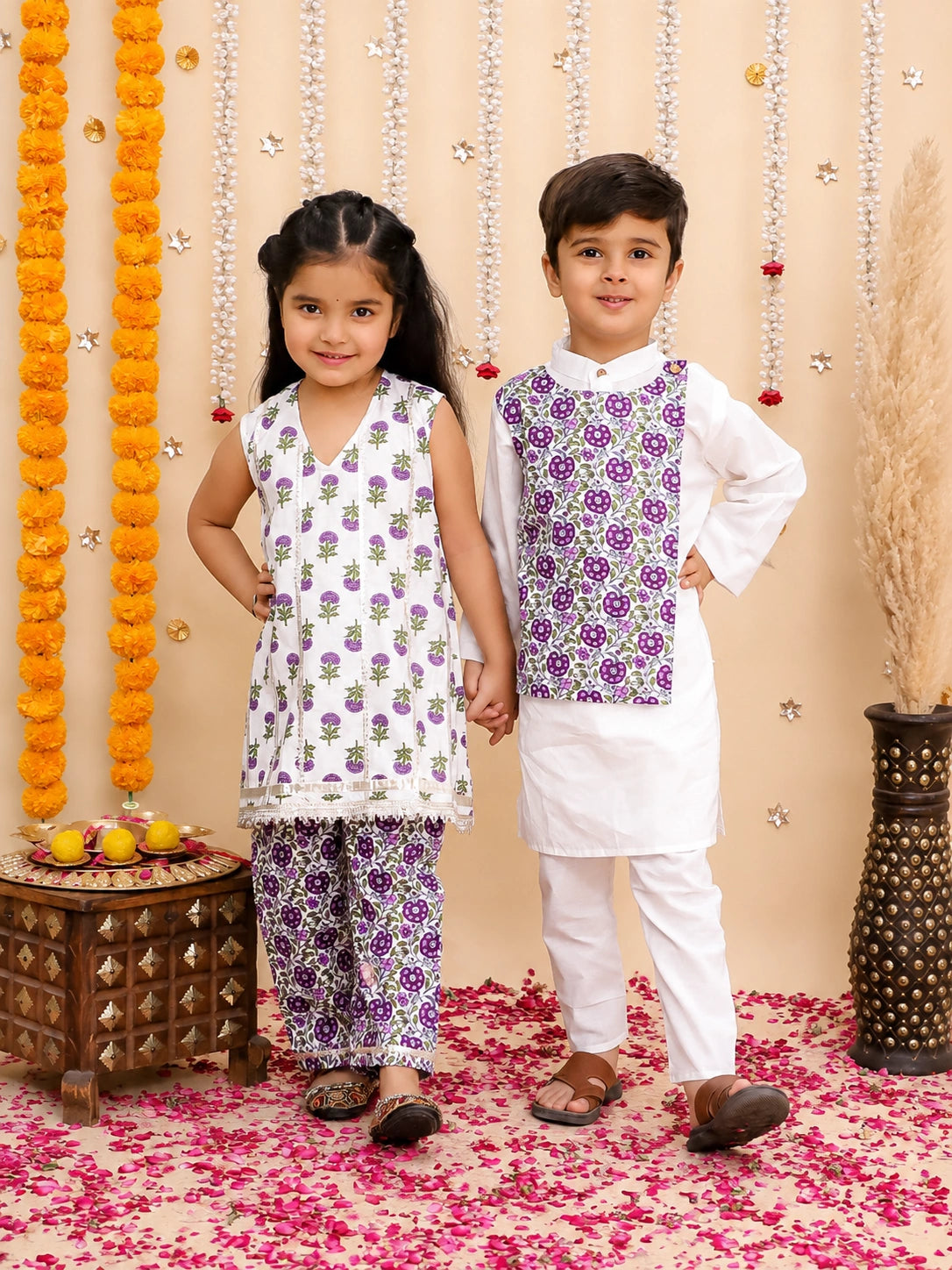 BownBee Pure Cotton Kurta Pajama With Printed Attached Jacket & Printed Kurti With Pants Sibling Set