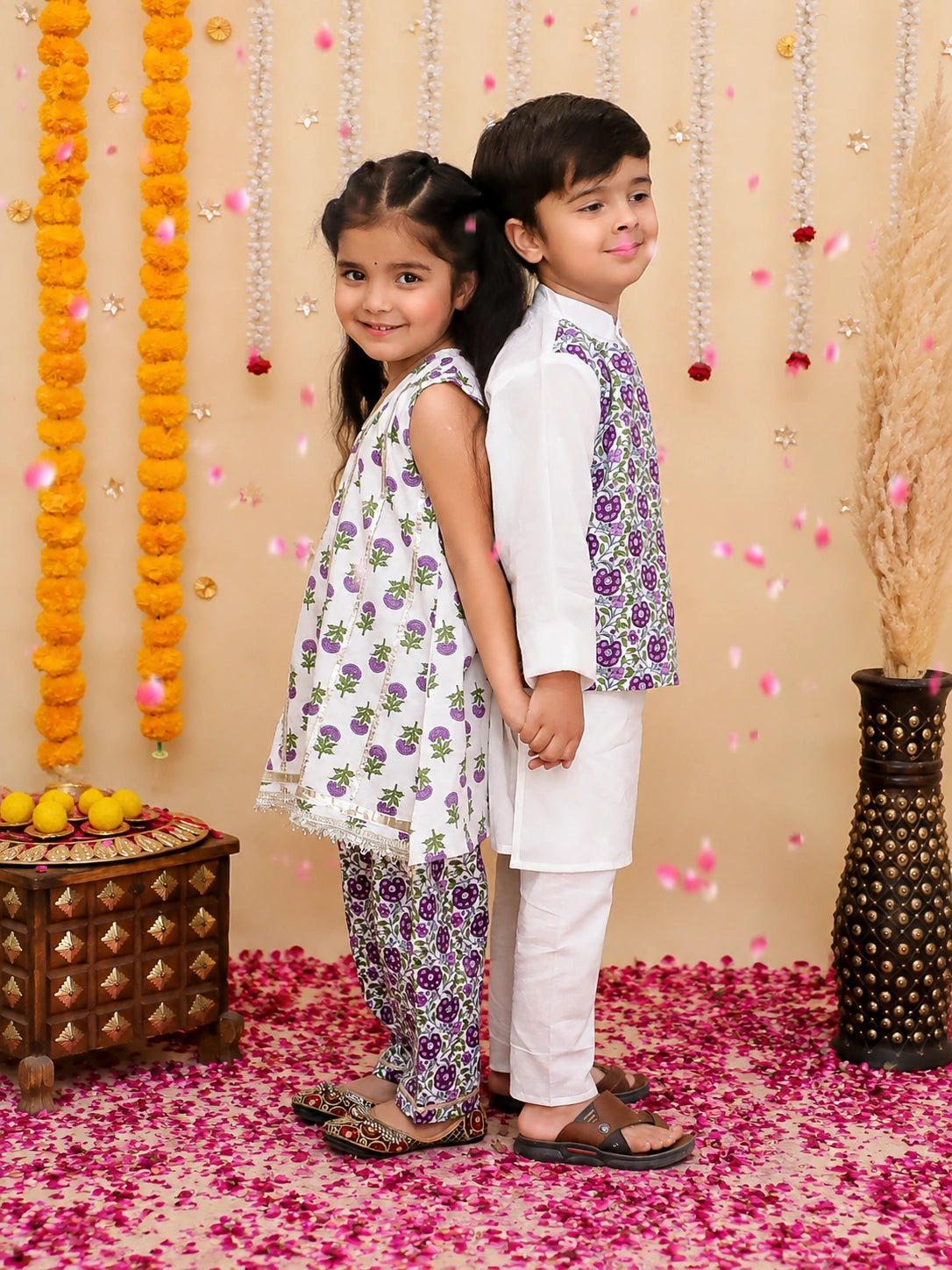 BownBee Pure Cotton Kurta Pajama With Printed Attached Jacket & Printed Kurti With Pants Sibling Set