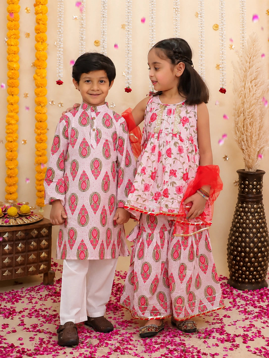 BownBee Pure Cotton Kurta Pajama & Ethnic Suit With Dupatta Sibling Set