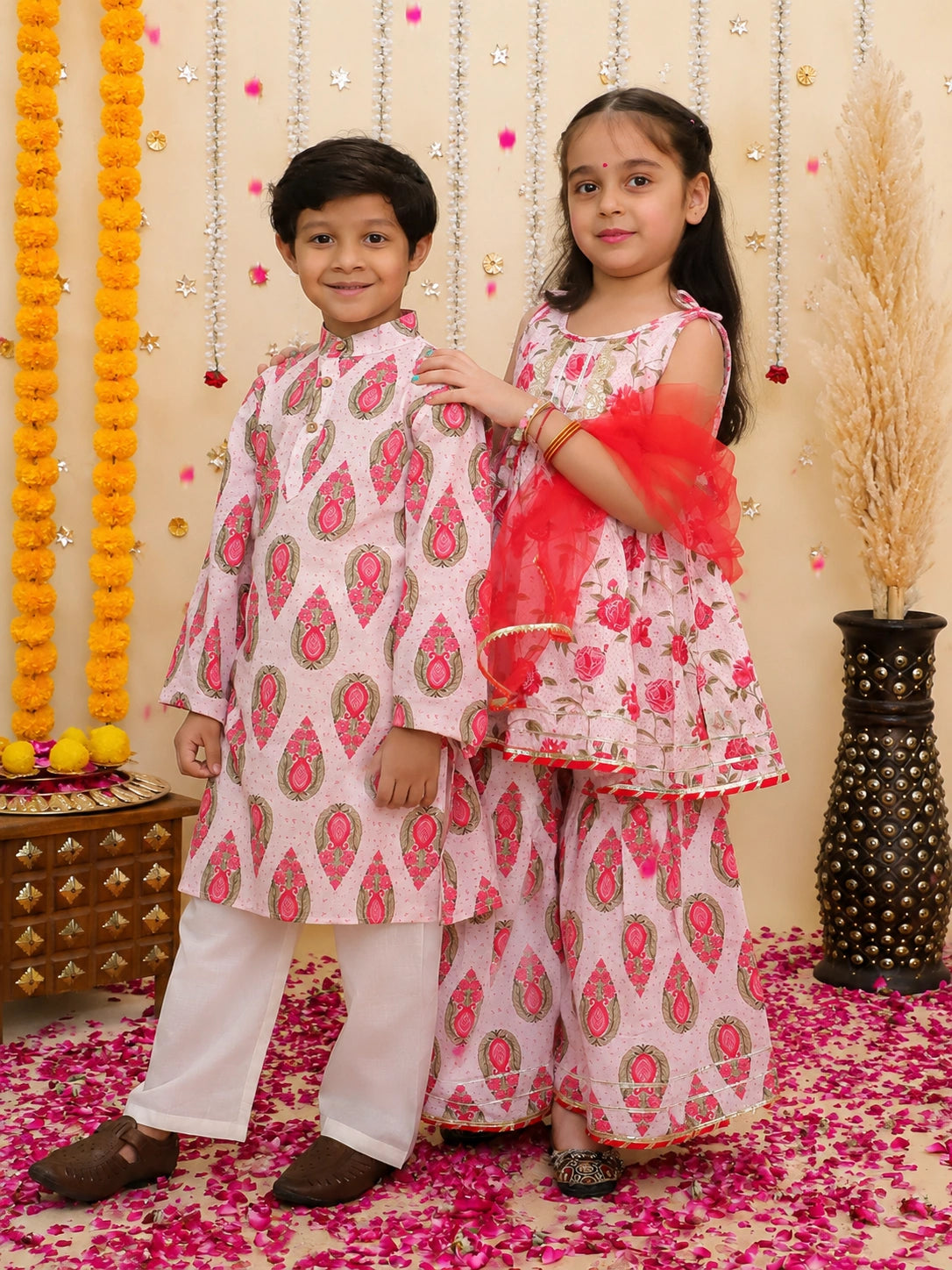 BownBee Pure Cotton Kurta Pajama & Ethnic Suit With Dupatta Sibling Set