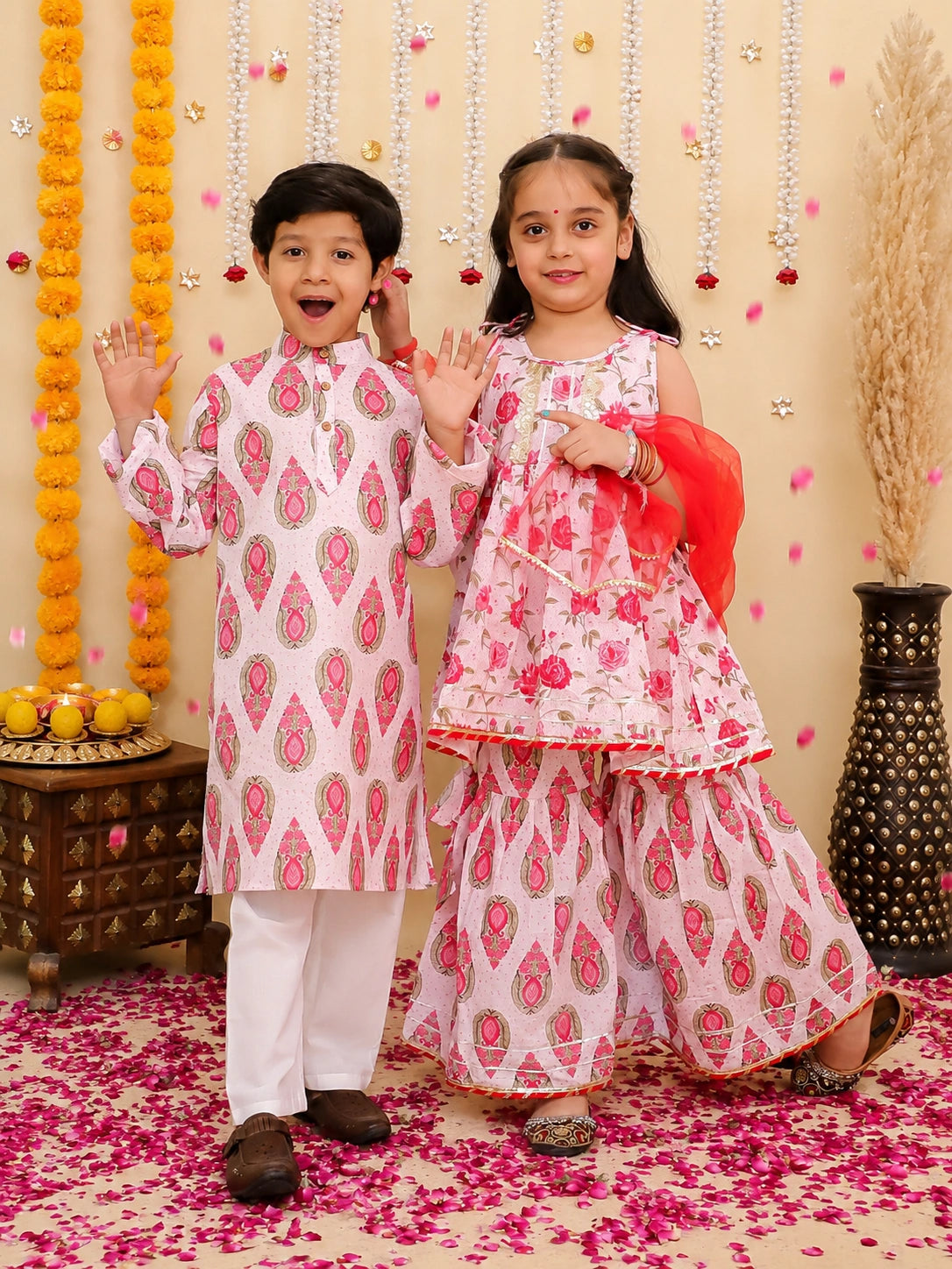 BownBee Pure Cotton Kurta Pajama & Ethnic Suit With Dupatta Sibling Set
