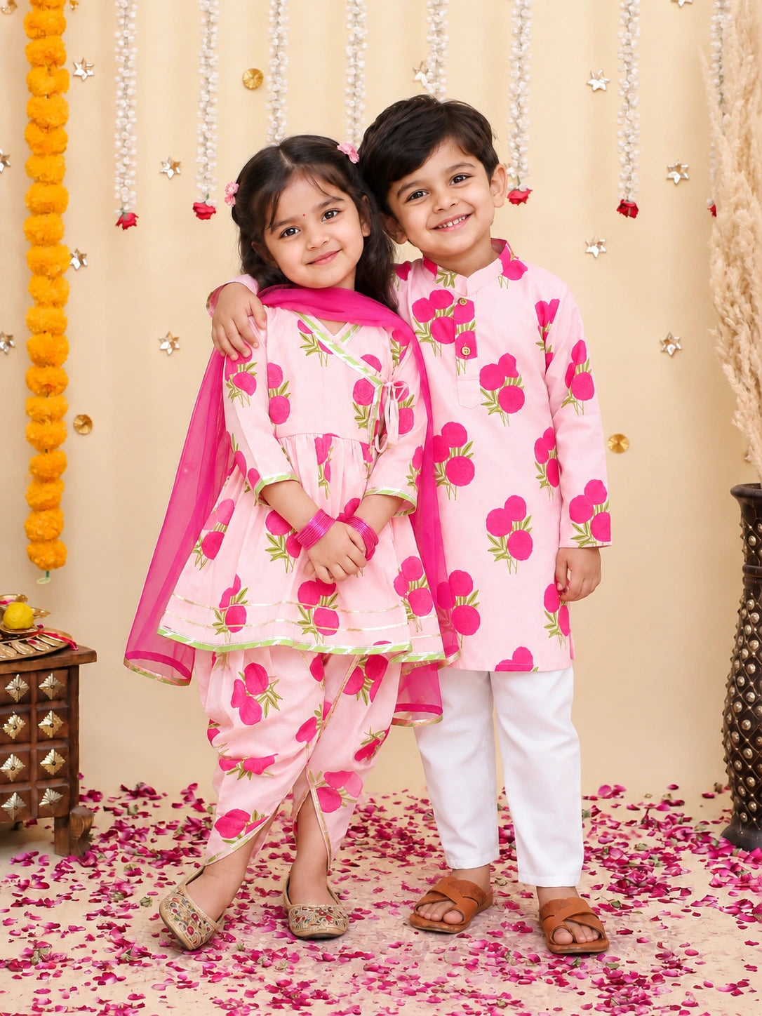 BownBee Pure Cotton Kurta Pajama & Ethnic Suit With Dupatta Sibling Set
