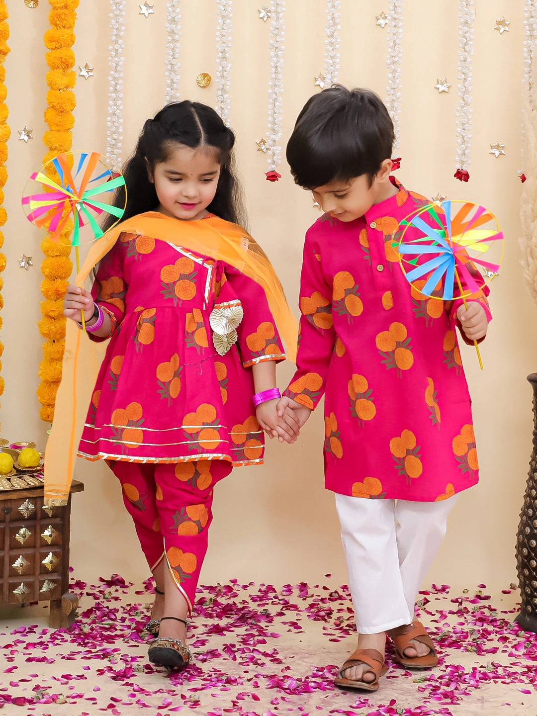 BownBee Pure Cotton Kurta Pajama & Ethnic Suit With Dupatta Sibling Set