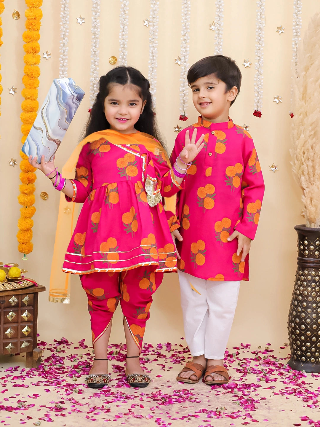 BownBee Pure Cotton Kurta Pajama & Ethnic Suit With Dupatta Sibling Set