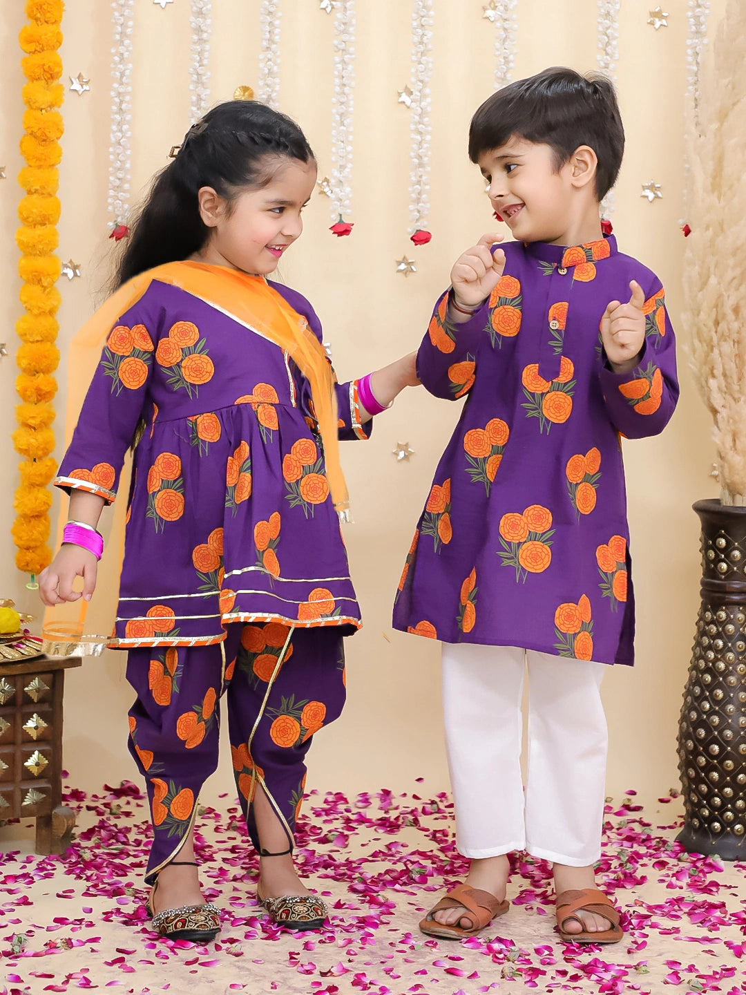 BownBee Pure Cotton Kurta Pajama & Ethnic Suit With Dupatta Sibling Set