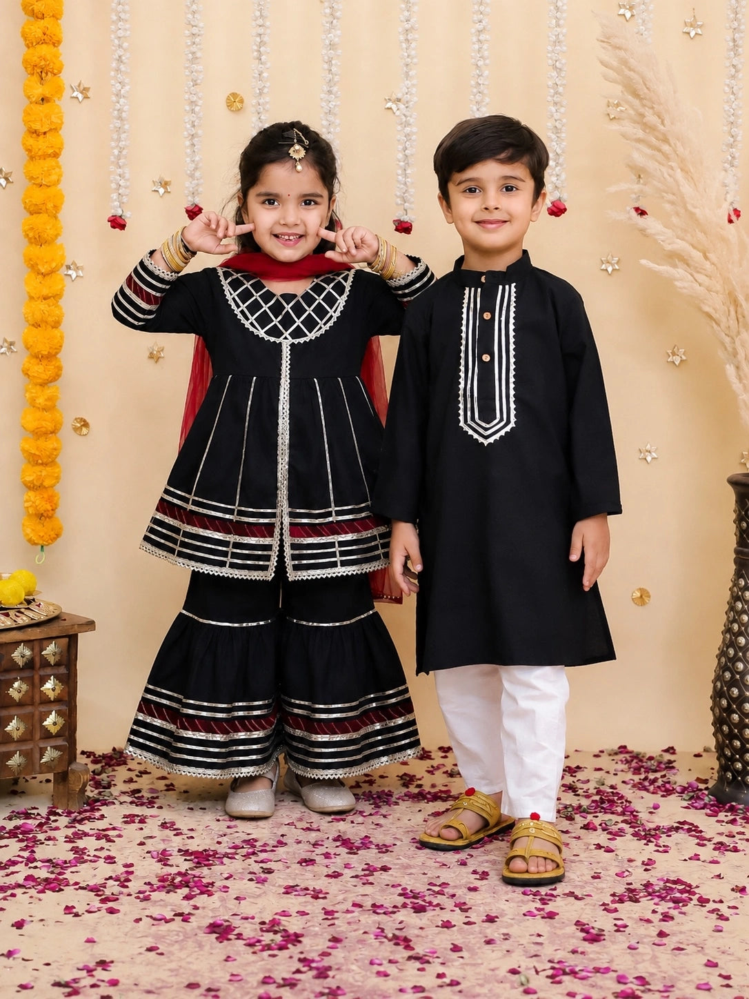 BownBee Pure Cotton Kurta Pajama & Ethnic Suit With Dupatta Sibling Set