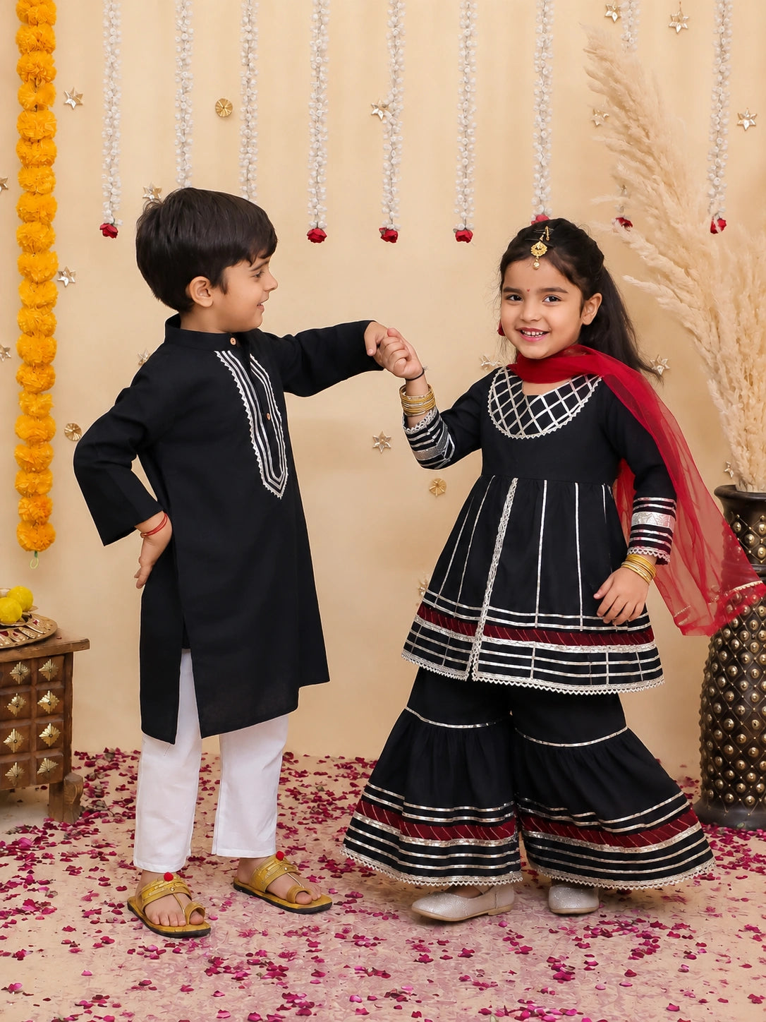BownBee Pure Cotton Kurta Pajama & Ethnic Suit With Dupatta Sibling Set