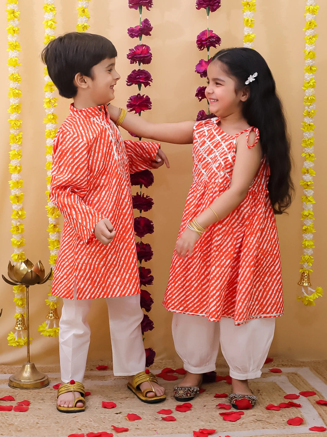 BownBee Pure Cotton Lehriya Kurta Pajama & Top With Harem Sibling Set