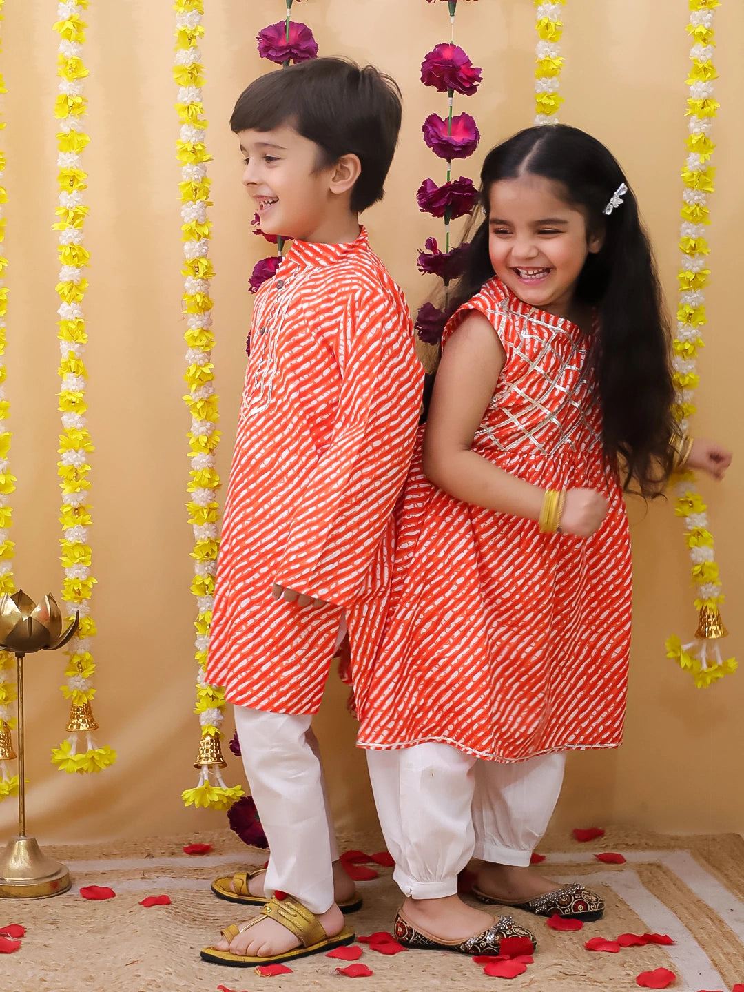 BownBee Pure Cotton Lehriya Kurta Pajama & Top With Harem Sibling Set