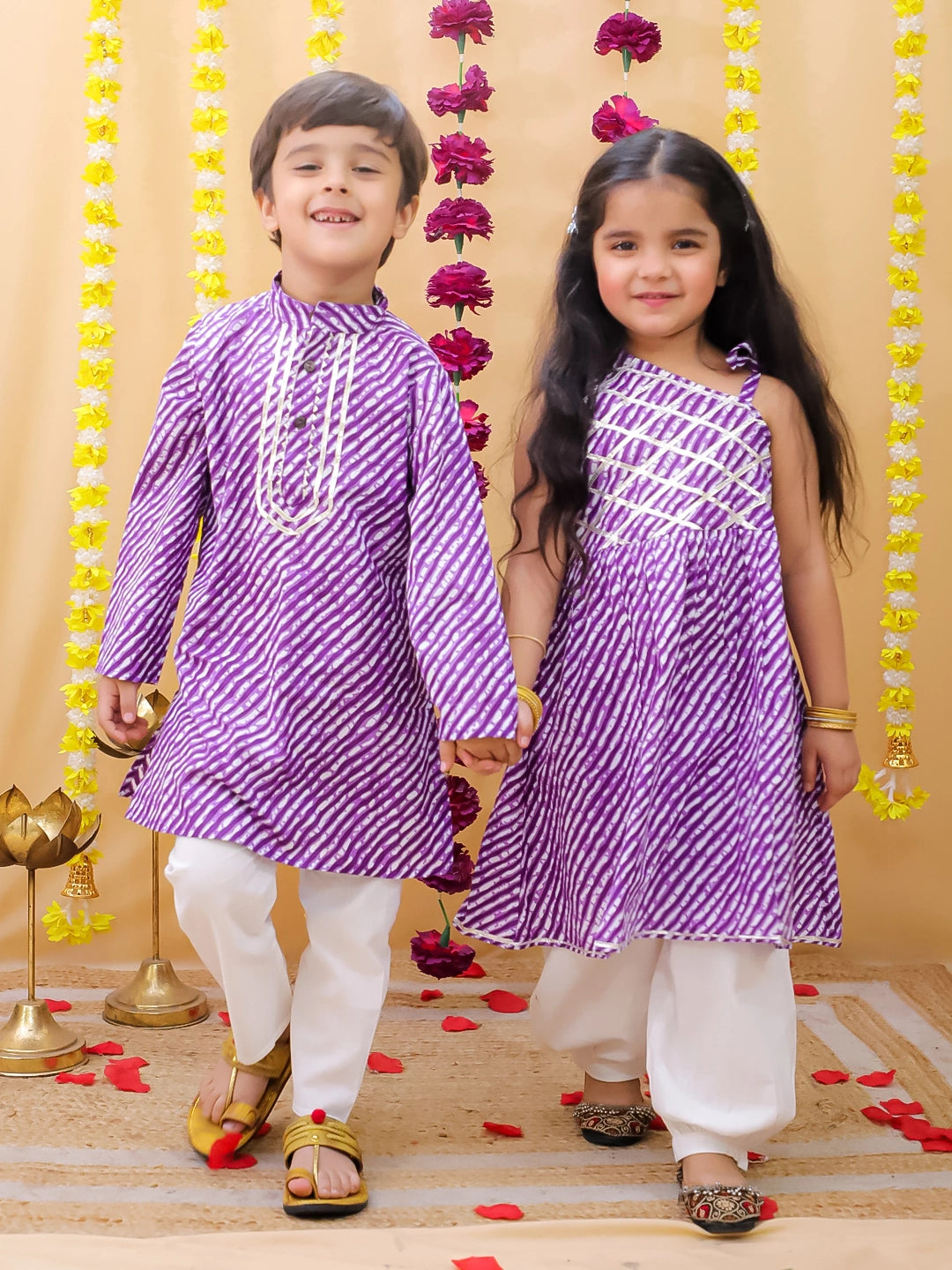 BownBee Pure Cotton Lehriya Kurta Pajama & Top With Harem Sibling Set
