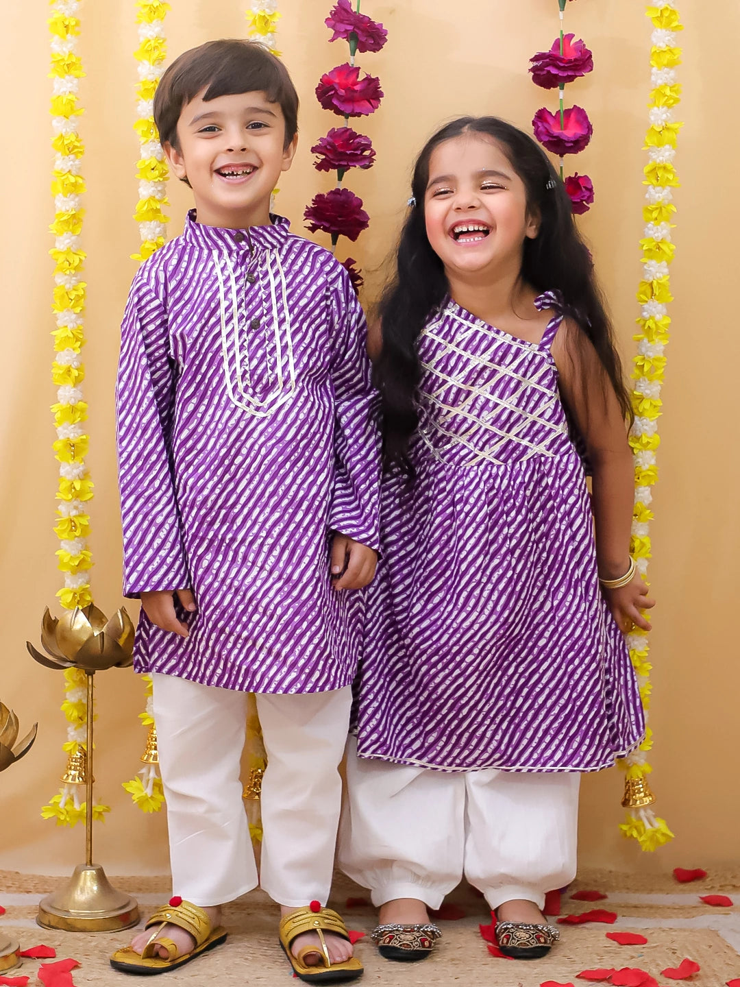 BownBee Pure Cotton Lehriya Kurta Pajama & Top With Harem Sibling Set