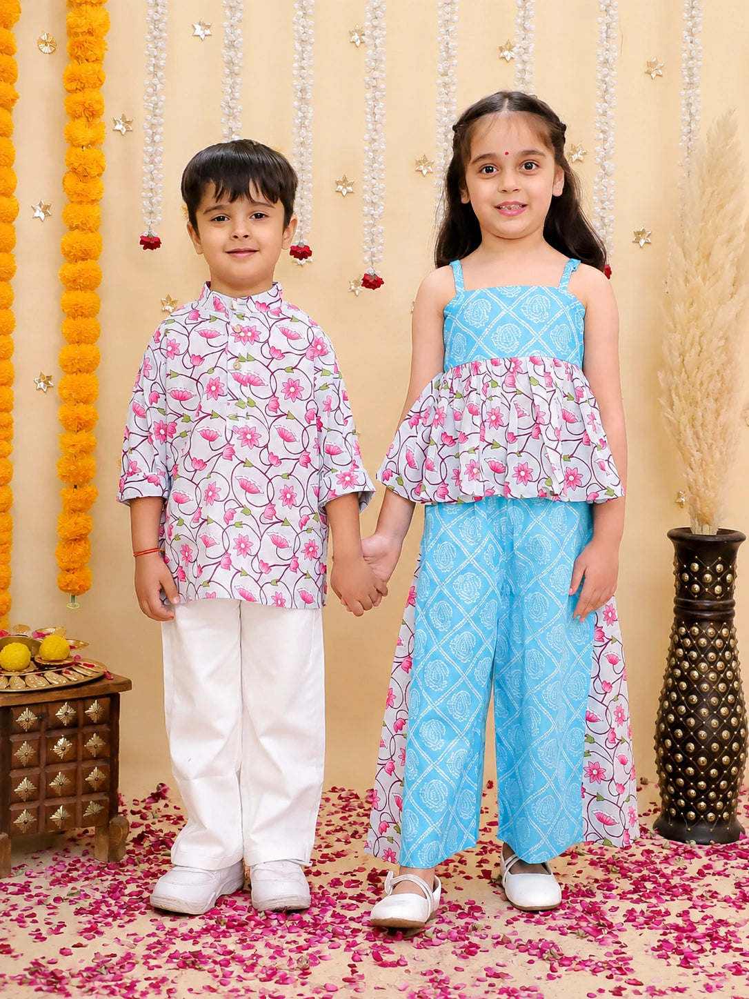 BownBee Pure Cotton Printed Short Kurta & Top With Flared Pants Sibling Set