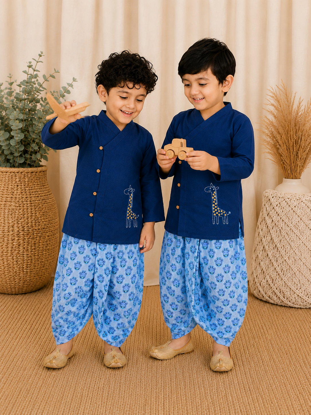 BownBee Pure Cotton Embroidered Dhoti Kurta Sibling Set Combo - Blue