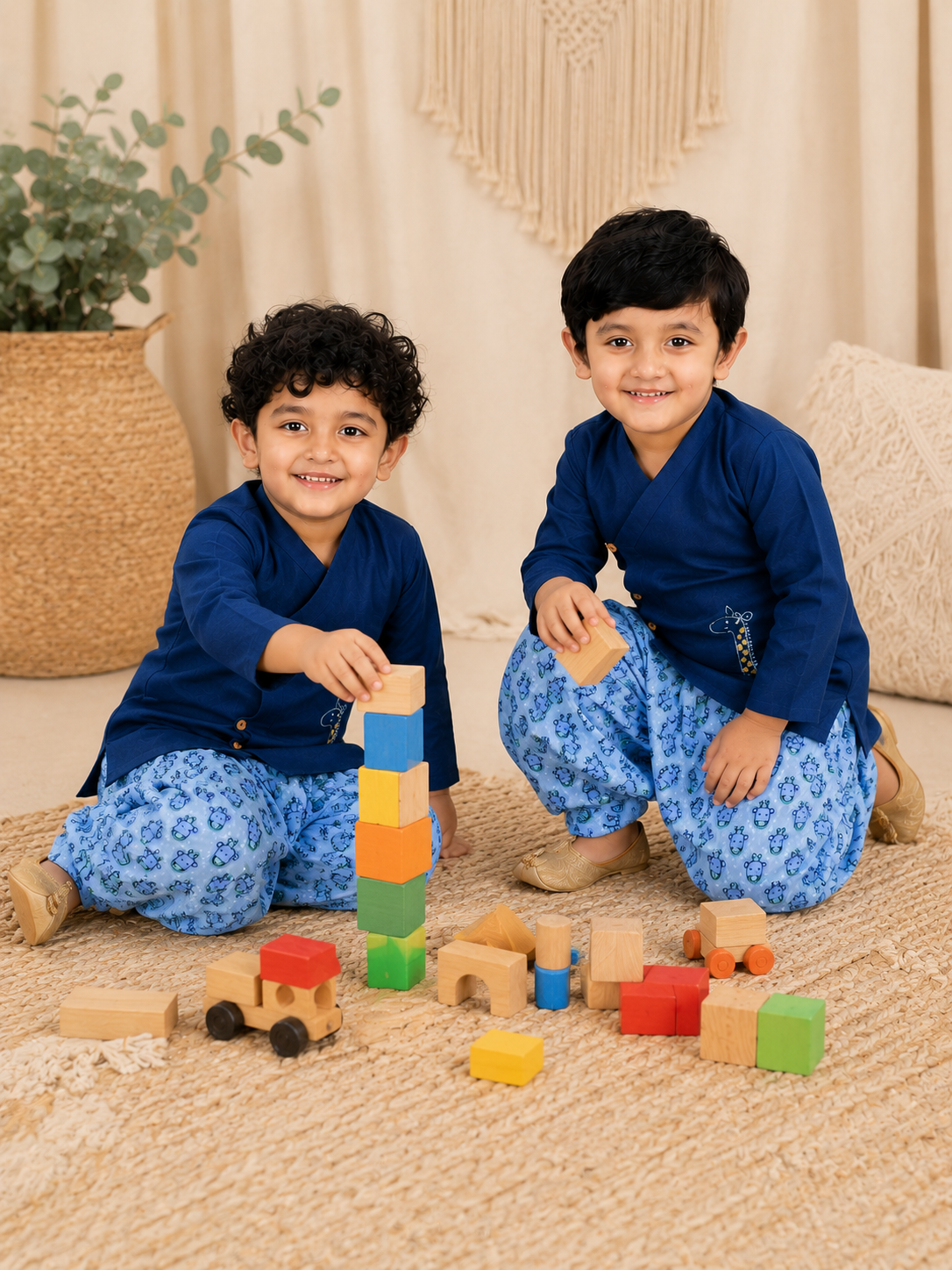 BownBee Pure Cotton Embroidered Dhoti Kurta Sibling Set Combo - Blue