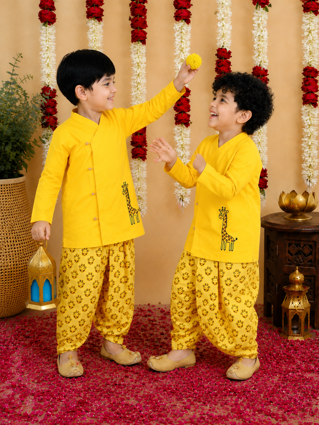 BownBee Pure Cotton Embroidered Dhoti Kurta Sibling Set Combo - Yellow