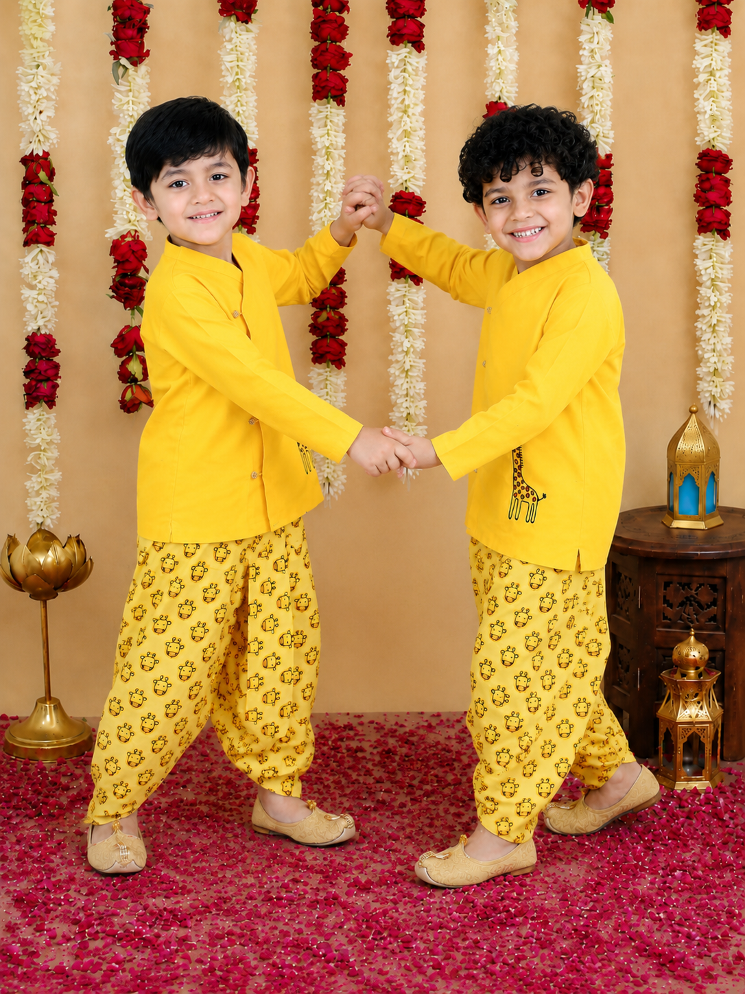 BownBee Pure Cotton Embroidered Dhoti Kurta Sibling Set Combo - Yellow