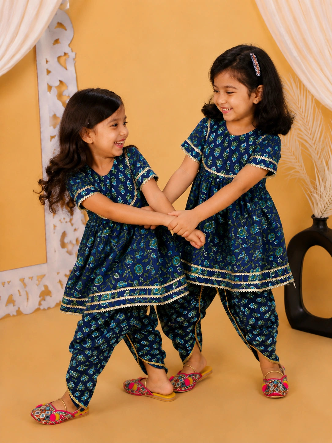BownBee Pure Cotton Floral Printed Top with Dhoti Sibling Set Combo - Blue
