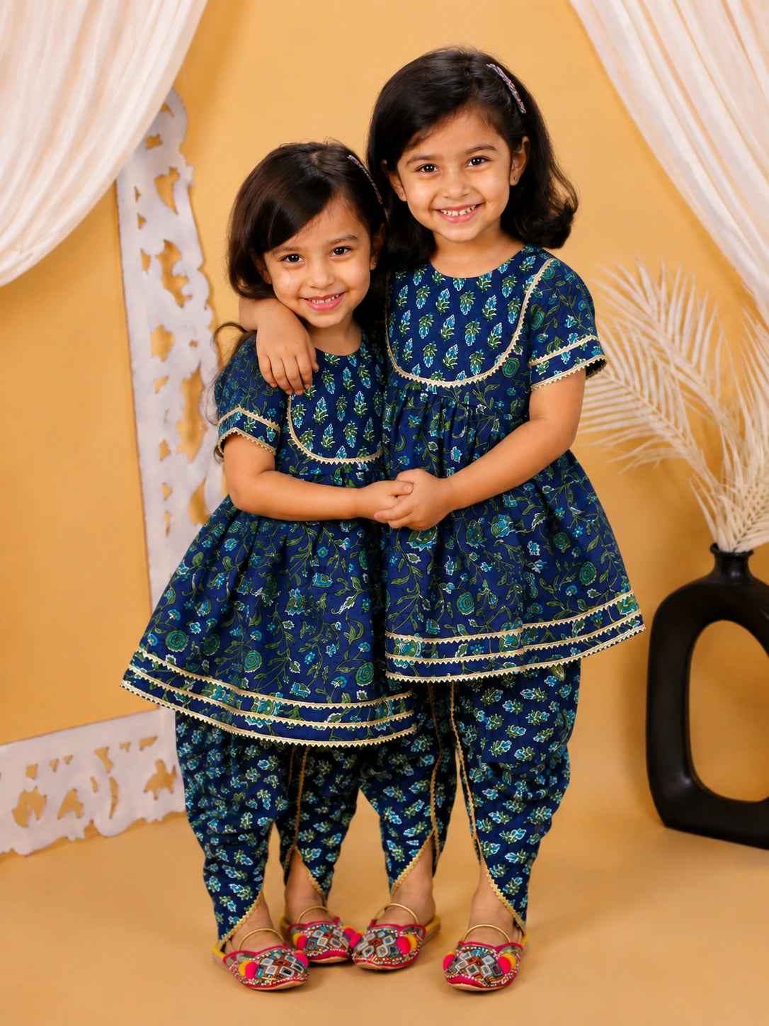 BownBee Pure Cotton Floral Printed Top with Dhoti Sibling Set Combo - Blue