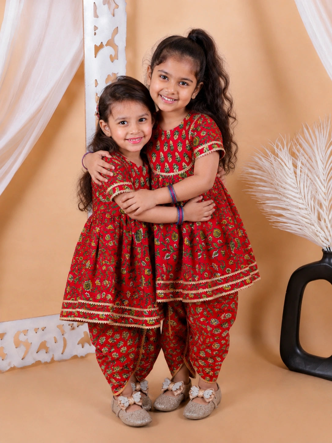 BownBee Pure Cotton Floral Printed Top with Dhoti Sibling Set Combo - Red