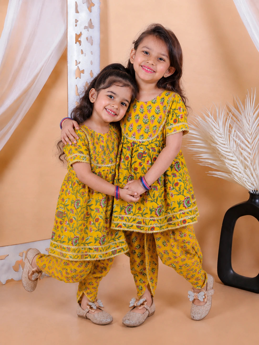 BownBee Pure Cotton Floral Printed Top with Dhoti Sibling Set Combo - Yellow