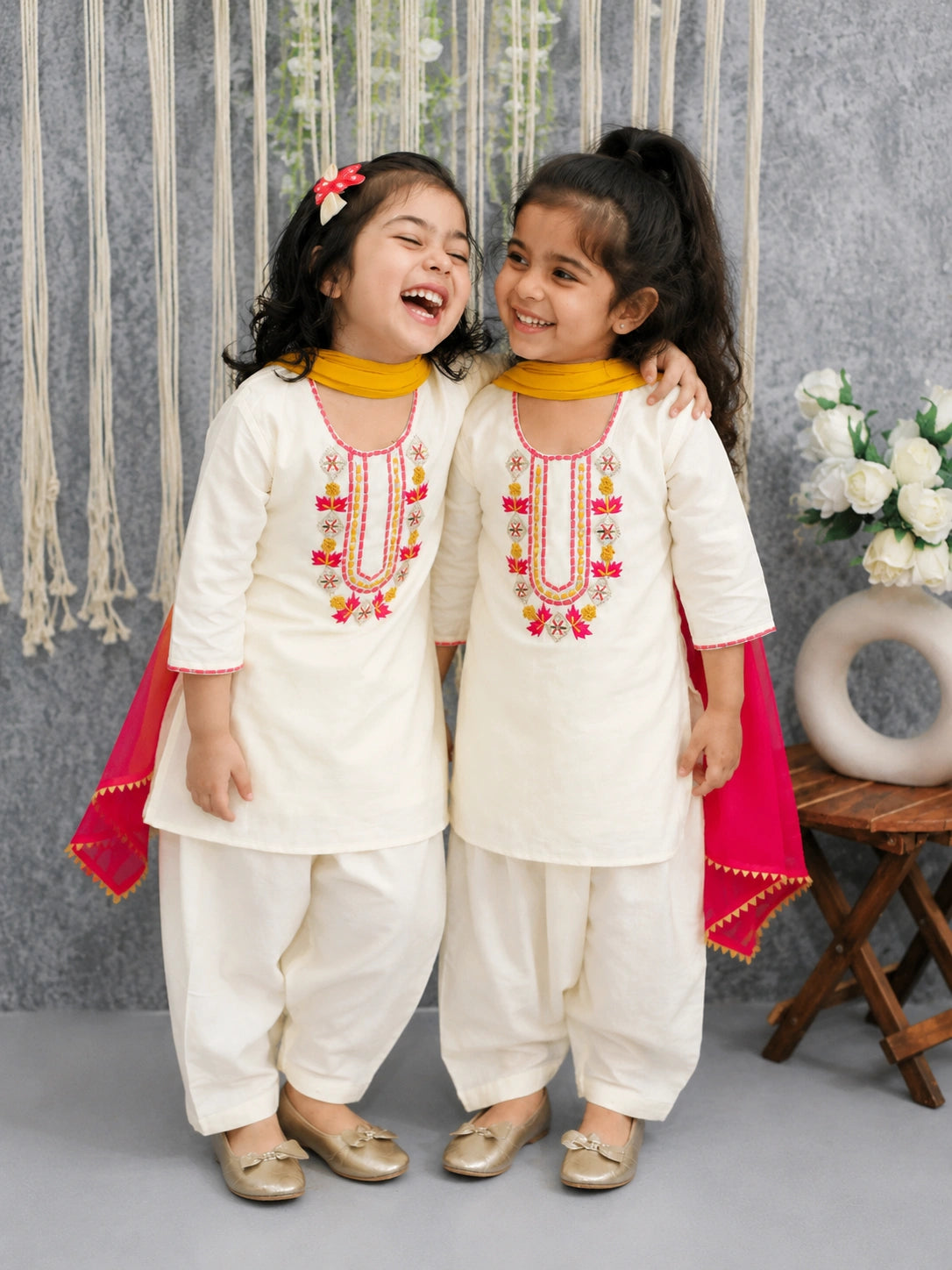 BownBee Embroidered Ethnic suit With Dupattaet Sibling Set Combo - White