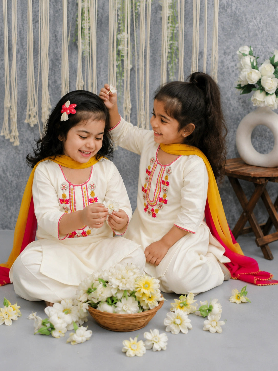 BownBee Embroidered Ethnic suit With Dupattaet Sibling Set Combo - White