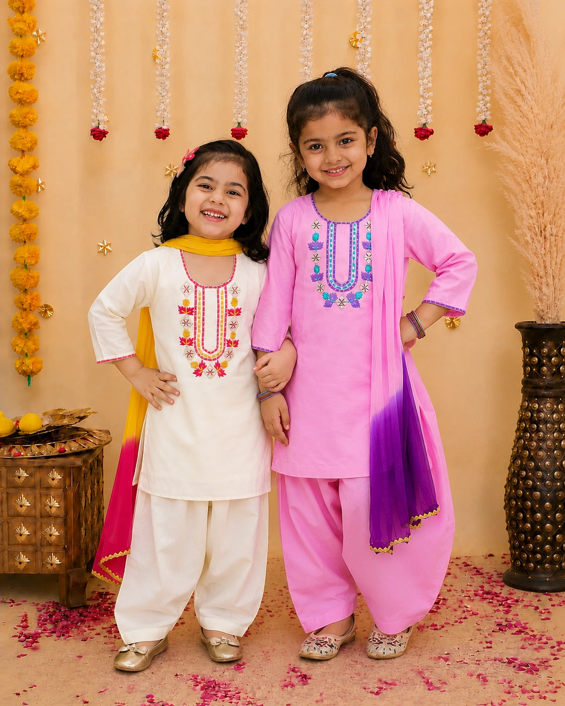 Embroidered Ethnic suit With Dupatta Sibling Set White & Pink Combo