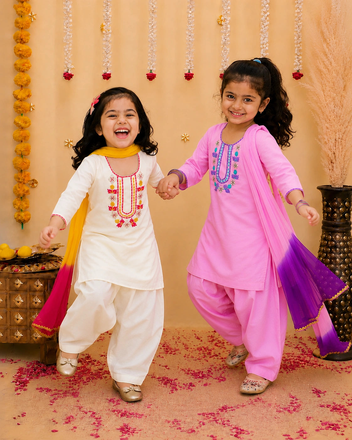 Embroidered Ethnic suit With Dupatta Sibling Set White & Pink Combo
