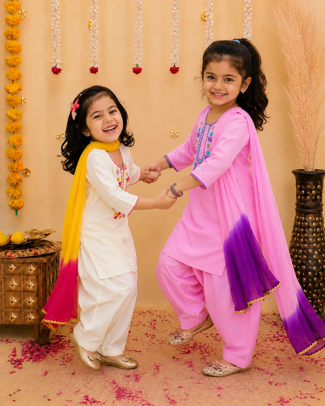 Embroidered Ethnic suit With Dupatta Sibling Set White & Pink Combo