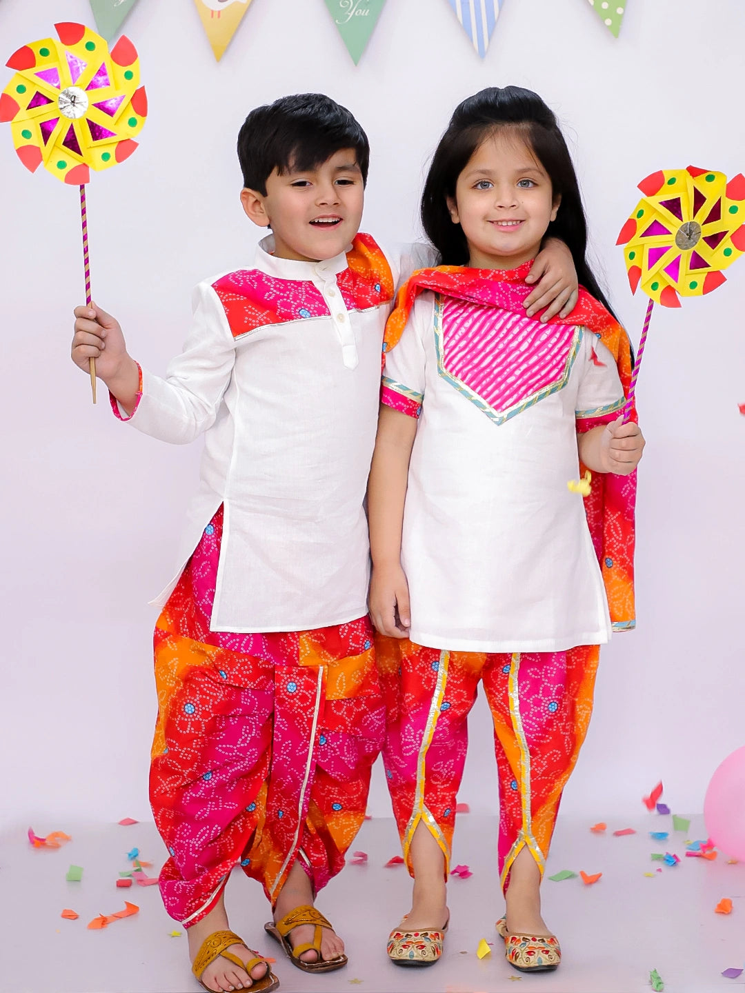 BownBee Pure cotton Lehriya Dhoti Kurta & Ethnic Suit With Dupatta Sibling Set - White