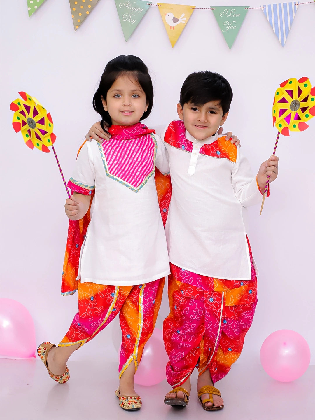 BownBee Pure cotton Lehriya Dhoti Kurta & Ethnic Suit With Dupatta Sibling Set - White