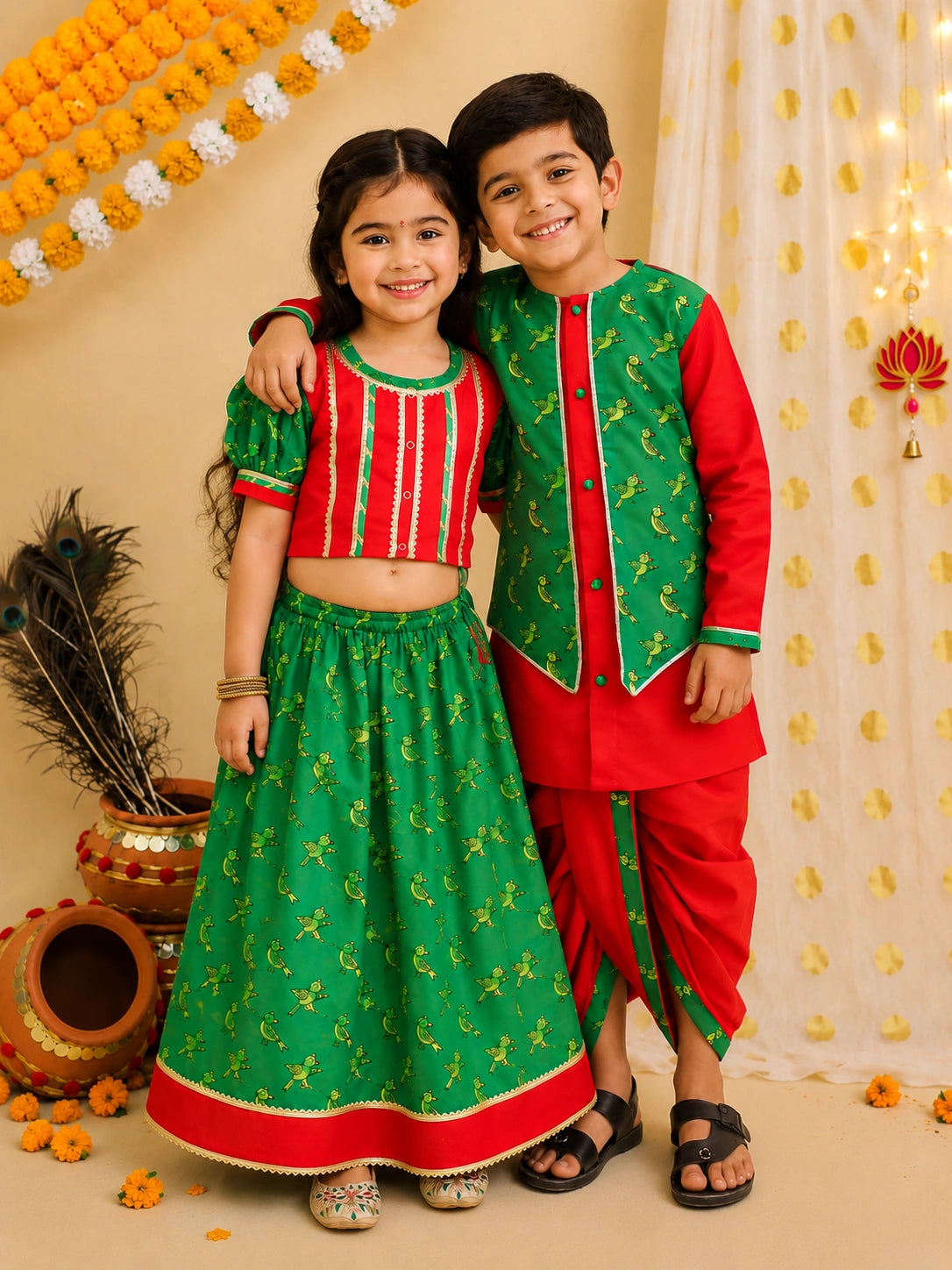 BownBee Pure Cotton Quirky Printed Lehena Choli With Dhoti Kurta Jacket Set Sibling Set