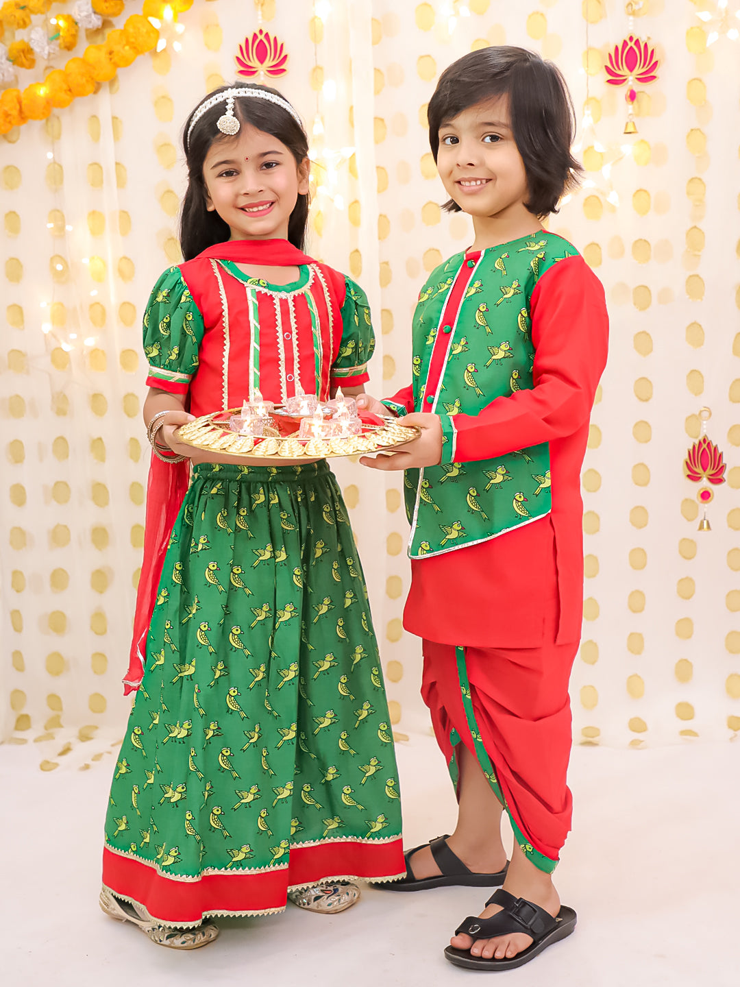 BownBee Pure Cotton Quirky Printed Lehena Choli With Dhoti Kurta Jacket Set Sibling Set - Red