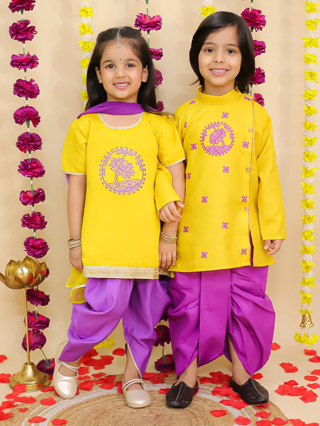 BownBee Lotus Embroidered Suit & Dhoti Kurta Sibling Set - Yellow