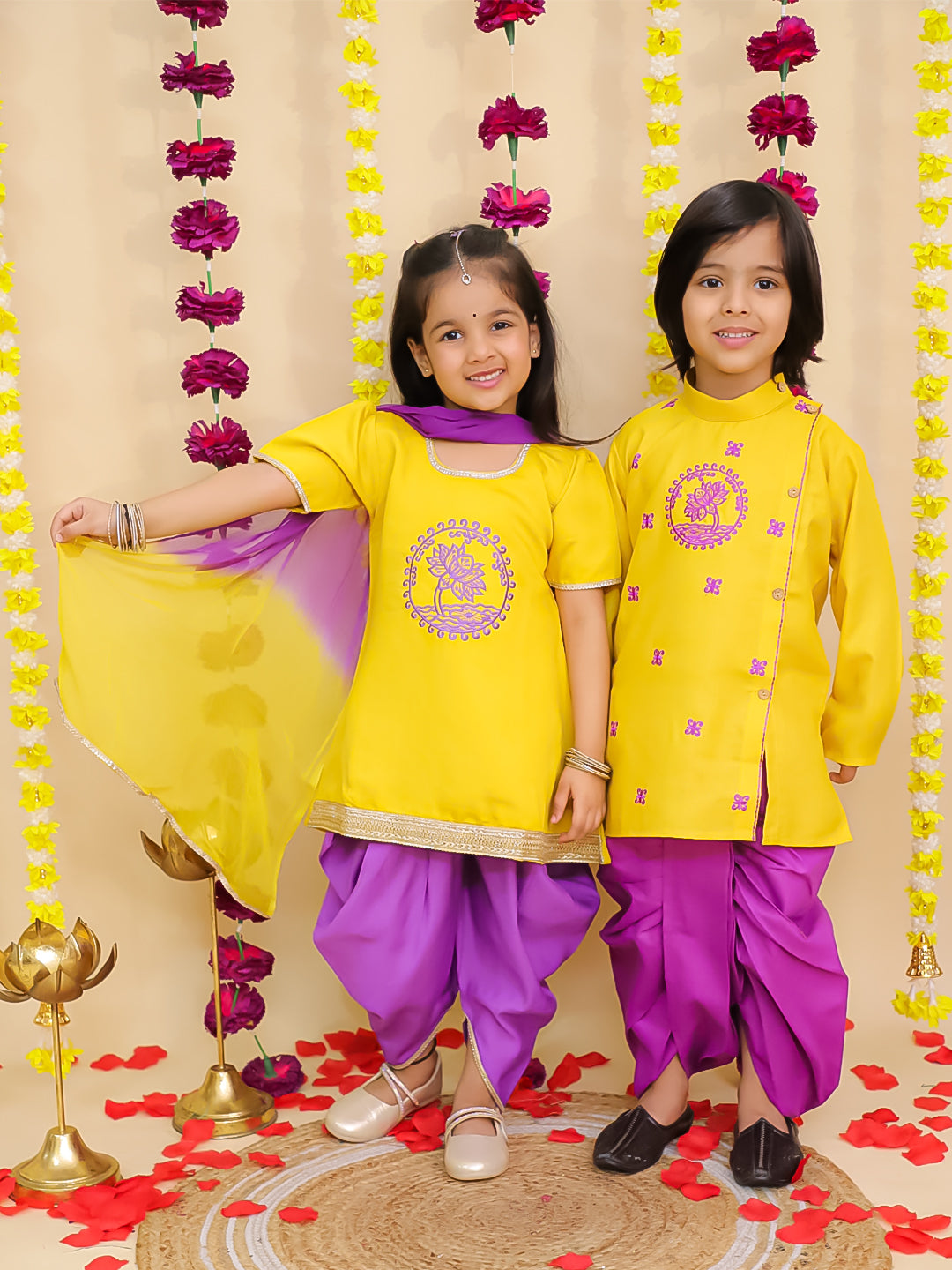 BownBee Lotus Embroidered Suit & Dhoti Kurta Sibling Set - Yellow