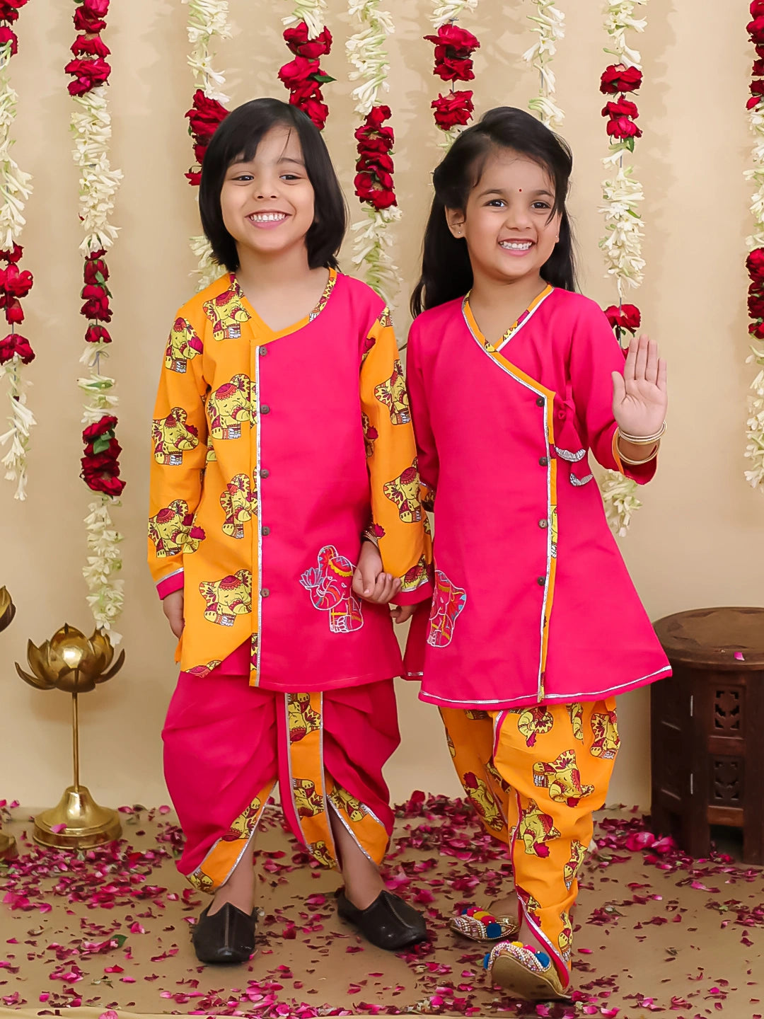 BownBee Elephant Embroidered Suit And Dhoti Kurta Sibling Set -Pink
