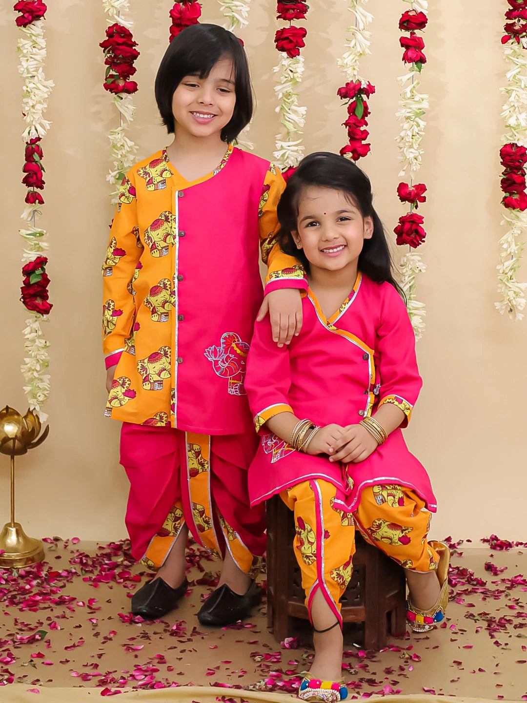 BownBee Elephant Embroidered Suit And Dhoti Kurta Sibling Set -Pink