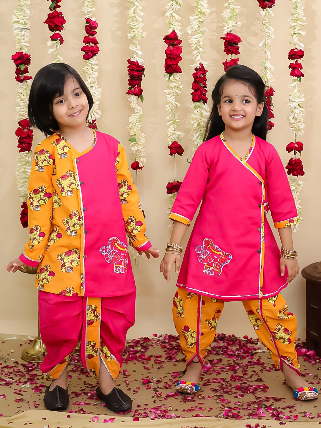 BownBee Elephant Embroidered Suit And Dhoti Kurta Sibling Set -Pink