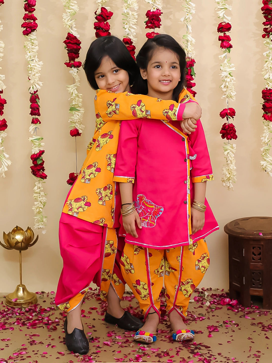 BownBee Elephant Embroidered Suit And Dhoti Kurta Sibling Set -Pink