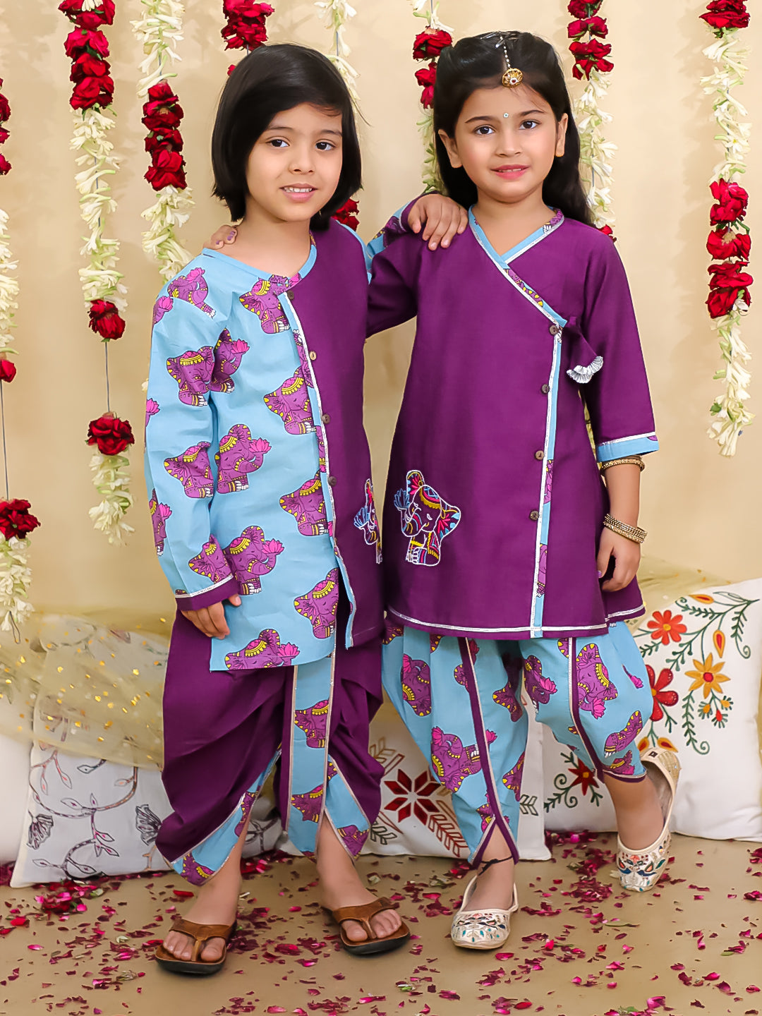 BownBee Elephant Embroidered Suit And Dhoti Kurta Sibling Set - Purple