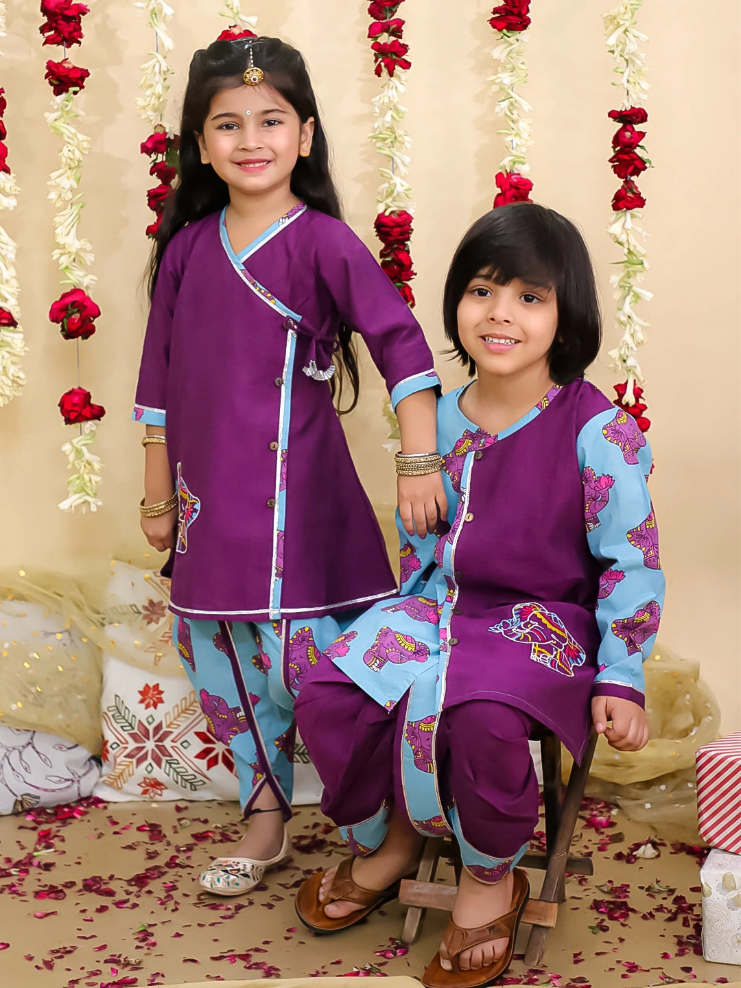 BownBee Elephant Embroidered Suit And Dhoti Kurta Sibling Set - Purple