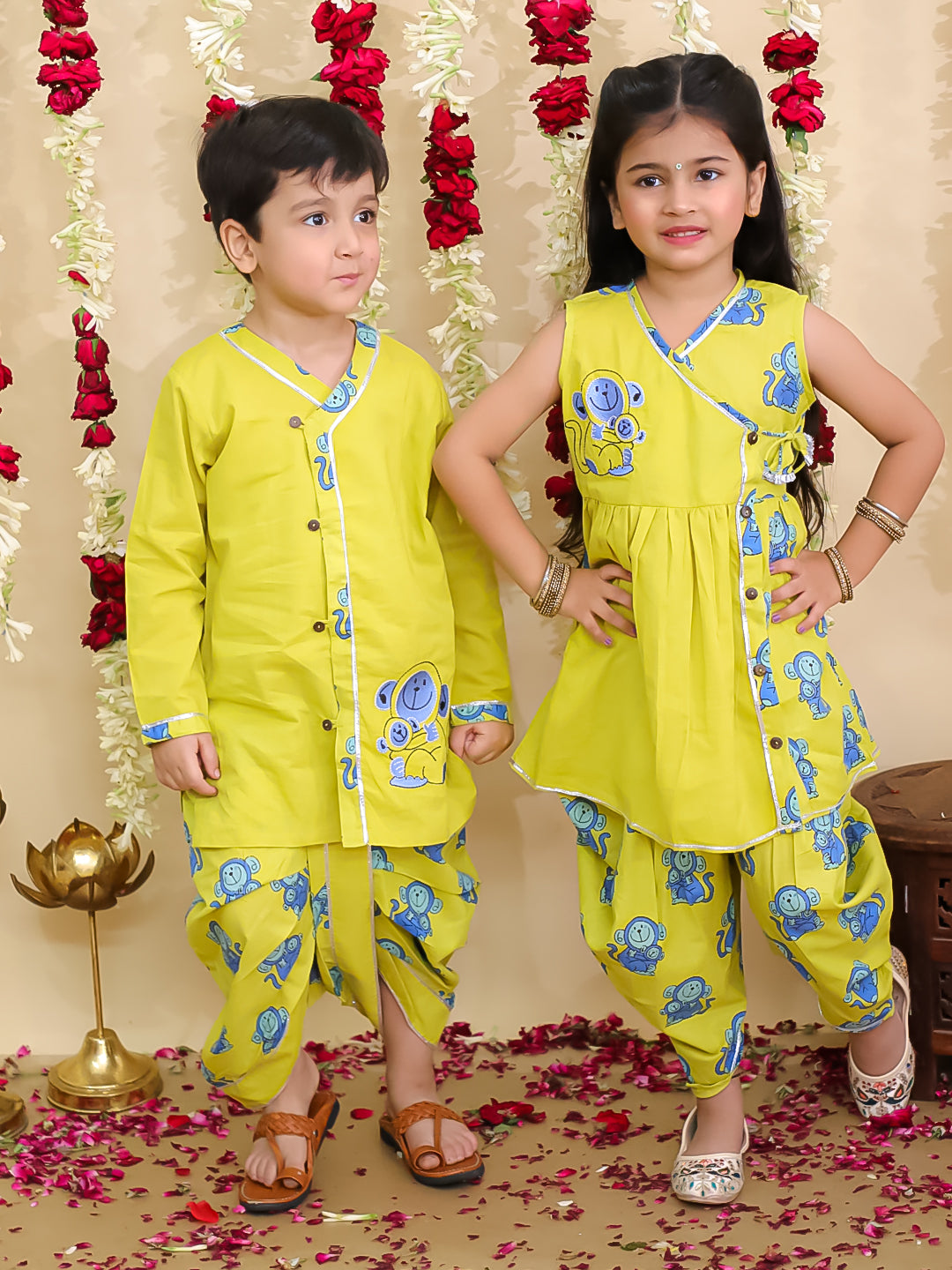 BownBee Monkey Embroidered Suit And Dhoti Kurta Sibling Set - Yellow