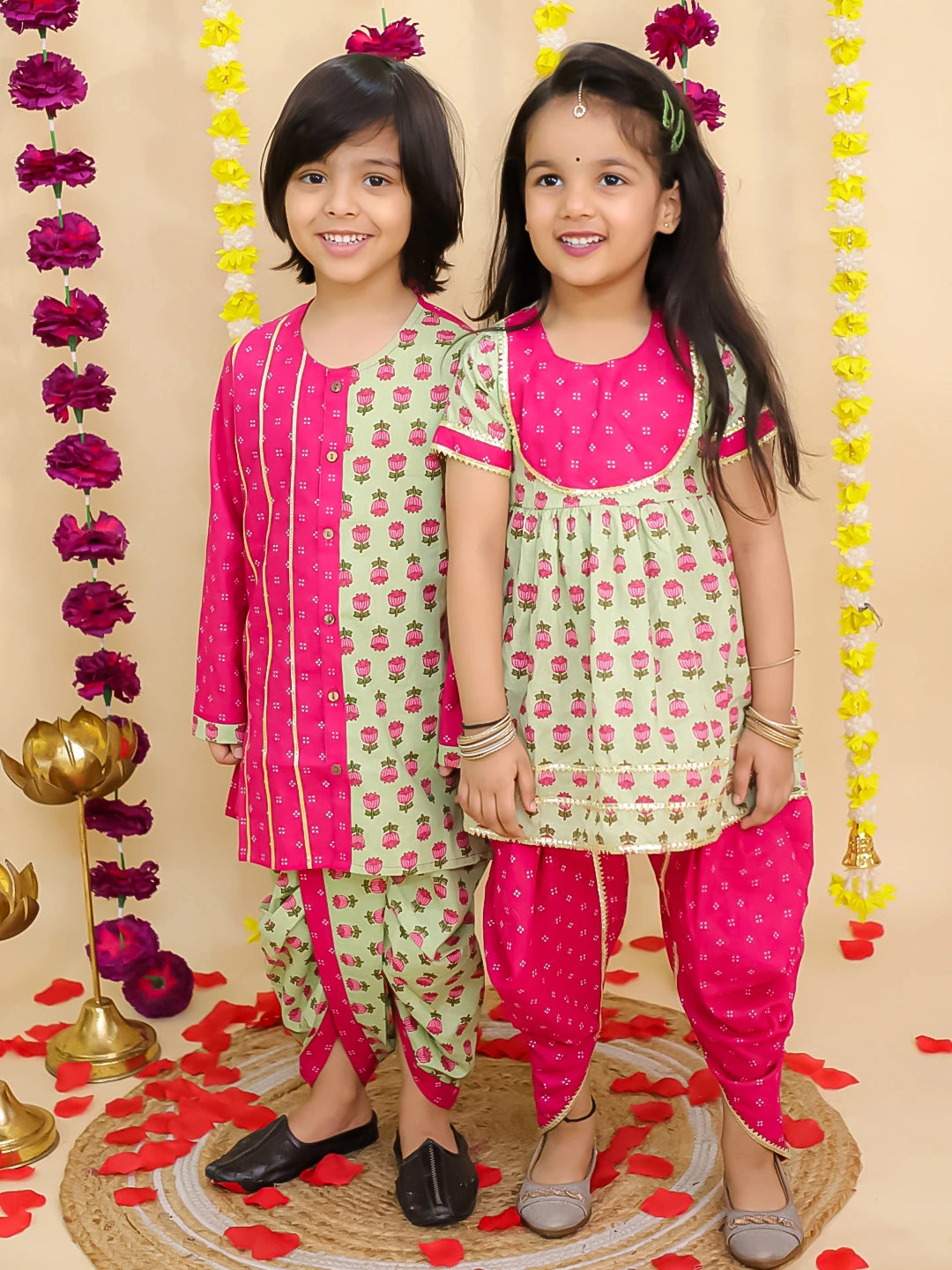 BownBee Festive Kurti Dhoti With Dhoti Kurta Sibling Set For Infants - Green