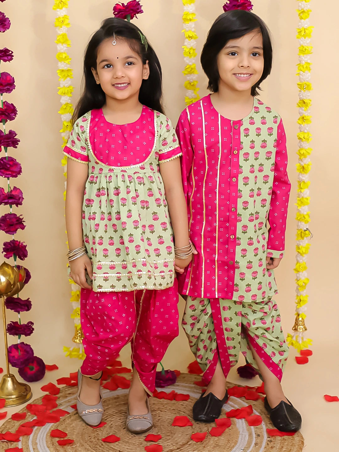 BownBee Festive Kurti Dhoti With Dhoti Kurta Sibling Set For Infants - Green