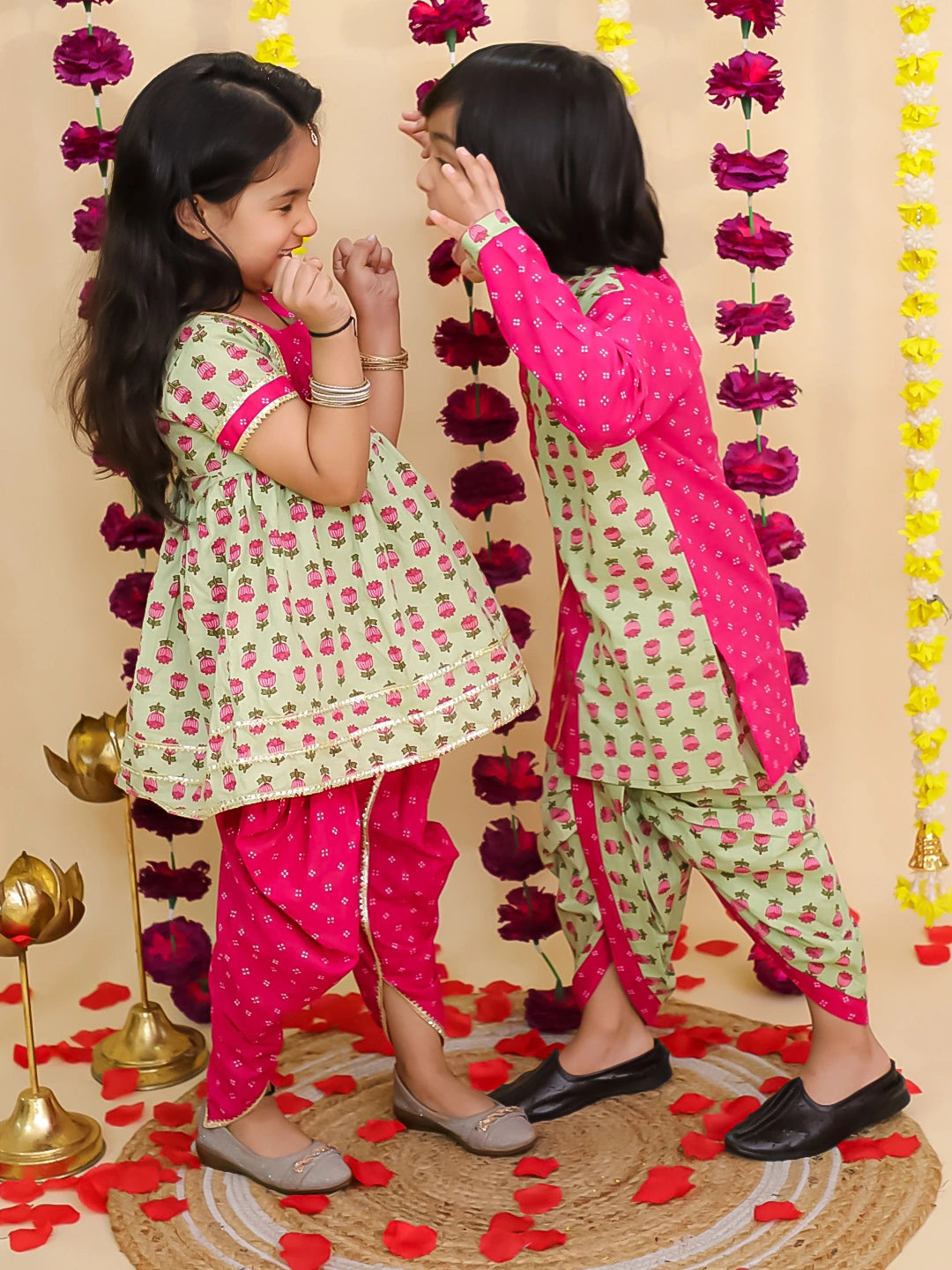 BownBee Festive Kurti Dhoti With Dhoti Kurta Sibling Set For Infants - Green