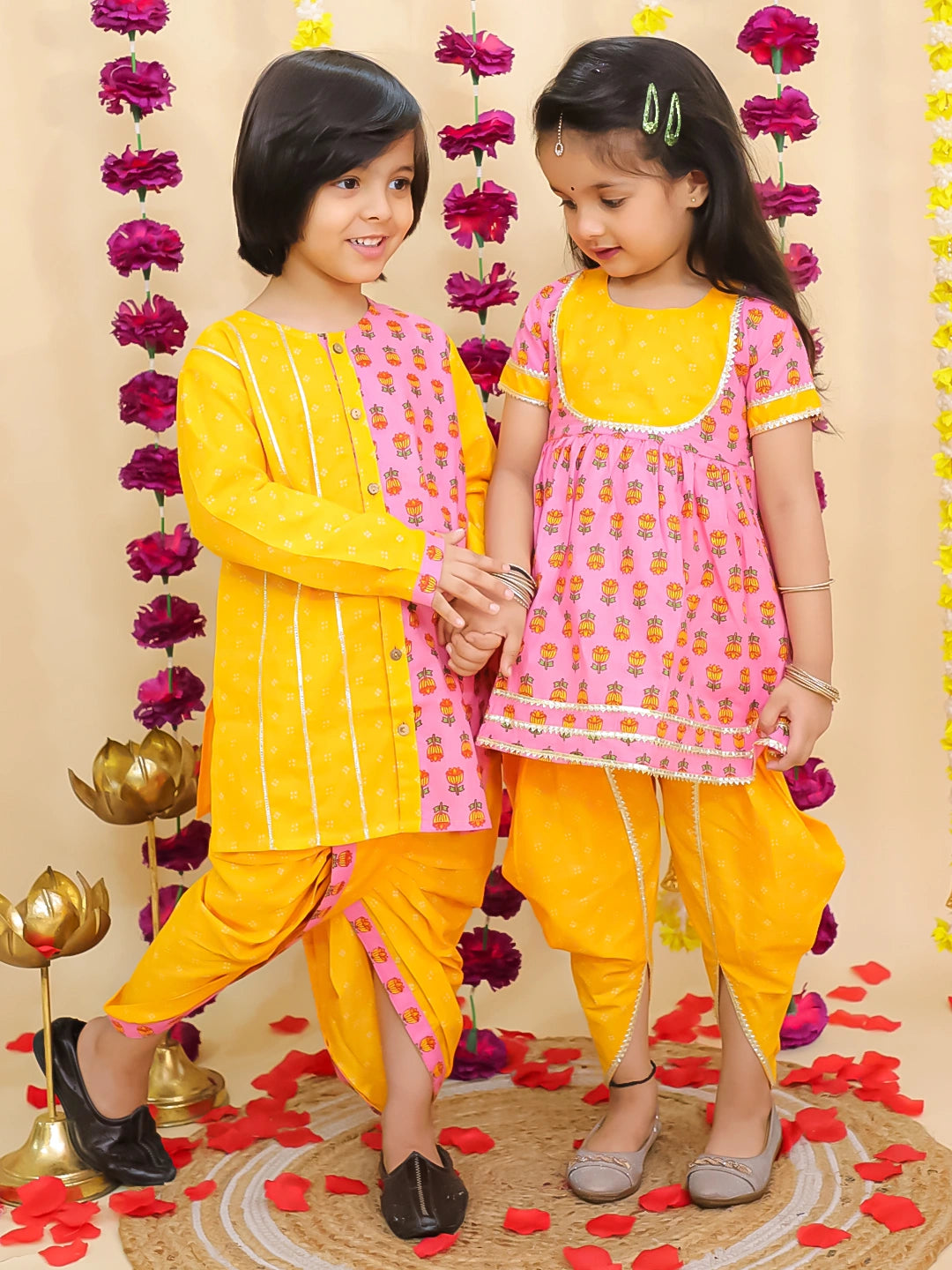 BownBee Festive Kurti Dhoti With Dhoti Kurta Sibling Set For Infants - Pink